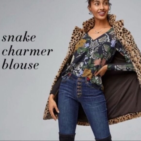 Cabi Snake Charmer Floral Sheer Blouse Long Puff Sleeves Navy Women Small 3762 - Picture 10 of 10